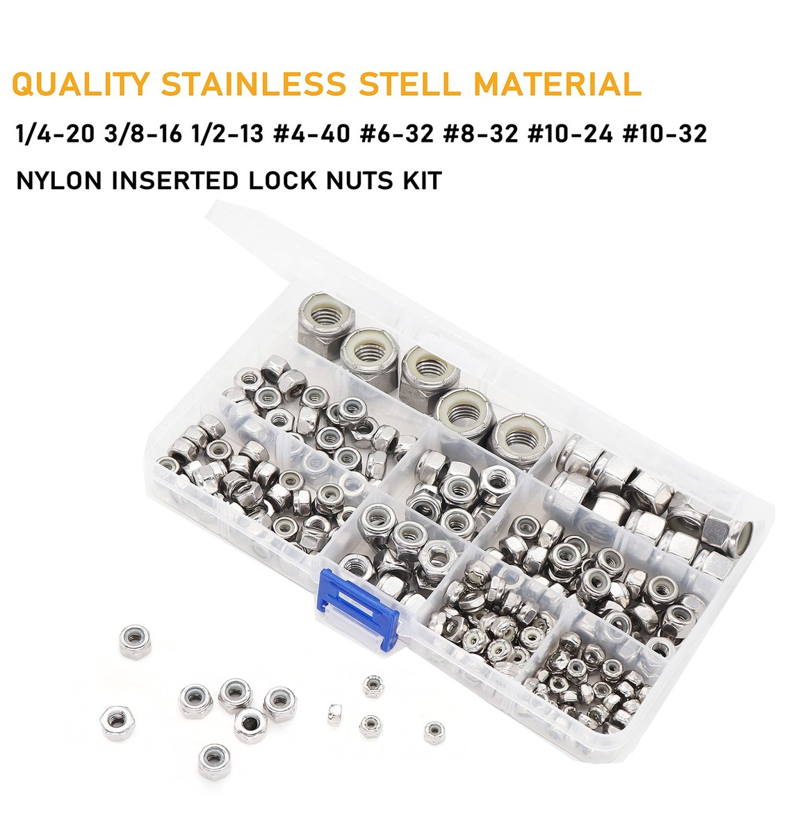CSeao 205pcs Nylock Nut Assortment Kit - 304 Stainless Steel, Mixed Sizes (#4-40 To 1/2-13)