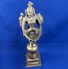 Goddess Laxmi Lakshmi w Owl Statue Brass Lamp Bowl Figurine Pedastal 11” H