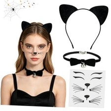 Black Cat Ears Headband Bell Collar and Whiskers Face Stickers black4