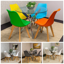 Round Glass Dining Table with 4 Leather Chairs Dining Room Furniture Set
