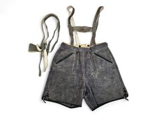 German Lederhosen Size S Gray Leather Suede Shorts Suspenders German Austrian