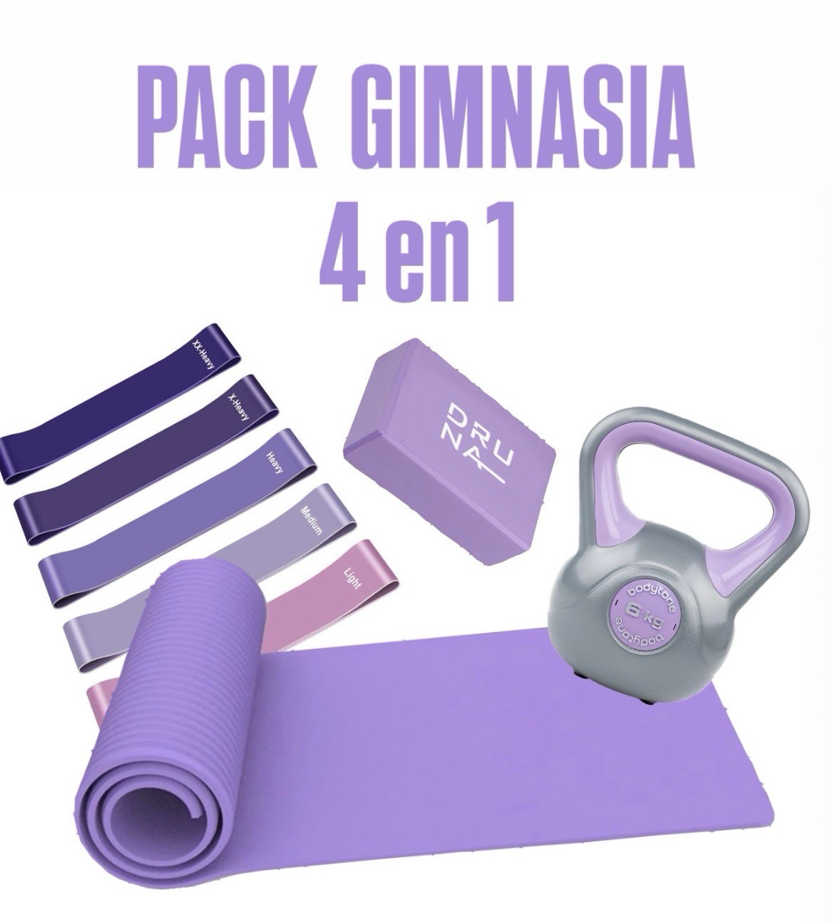 Pack Gimnasia en Casa | Esterilla + Kettlebell + Gomas + Ladrillo