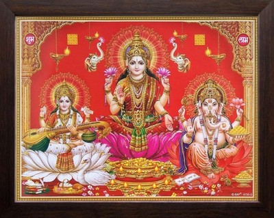 Goddess Lakshmi, Devi Saraswati & Lord Ganesha Wall Decor Painting Frame