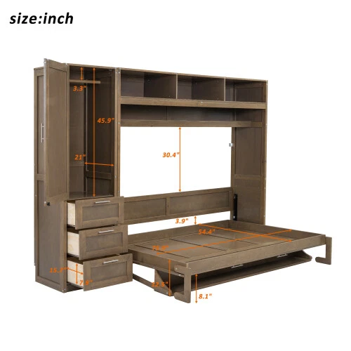 Cama Murphy Tamaño Completo Madera Armario Cama Pared Cama con Armario Cajón Estantes Foto 2 de 4