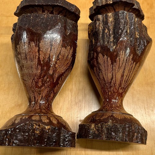 9" Mid Century Hand Turned Vintage Chrysanthemum Wood Vases or Candle Holders - Picture 9 of 12