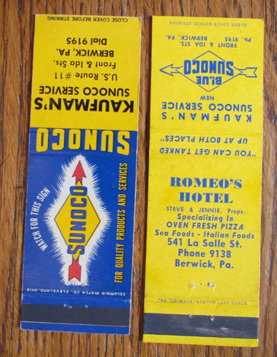 CUBIERTAS DE LIBRO DE CERILLAS DE GASOLINERA KAUFMAN'S SUNOCO: BERWICK, PA CUBIERTAS DE CERILLAS VACÍAS B23 - Imagen 2 de 2