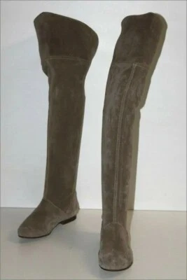 VIERITY Bottes Genoux Cavalières Daim Gris Taupe Talons Plats T 36 TBE - Photo 1/4