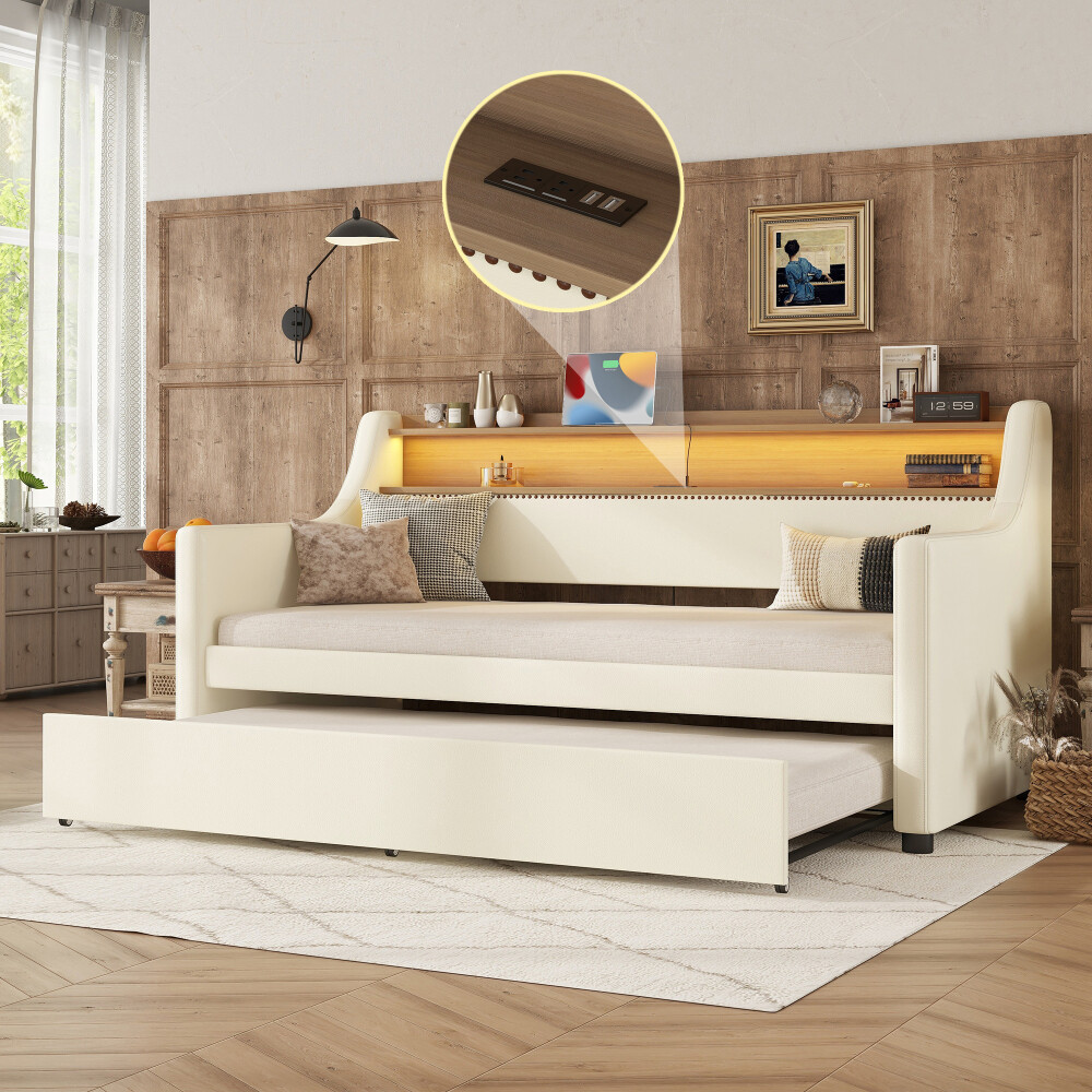 Twin Upholstered Daybed with Trundle USB Charging LED Lights White-image