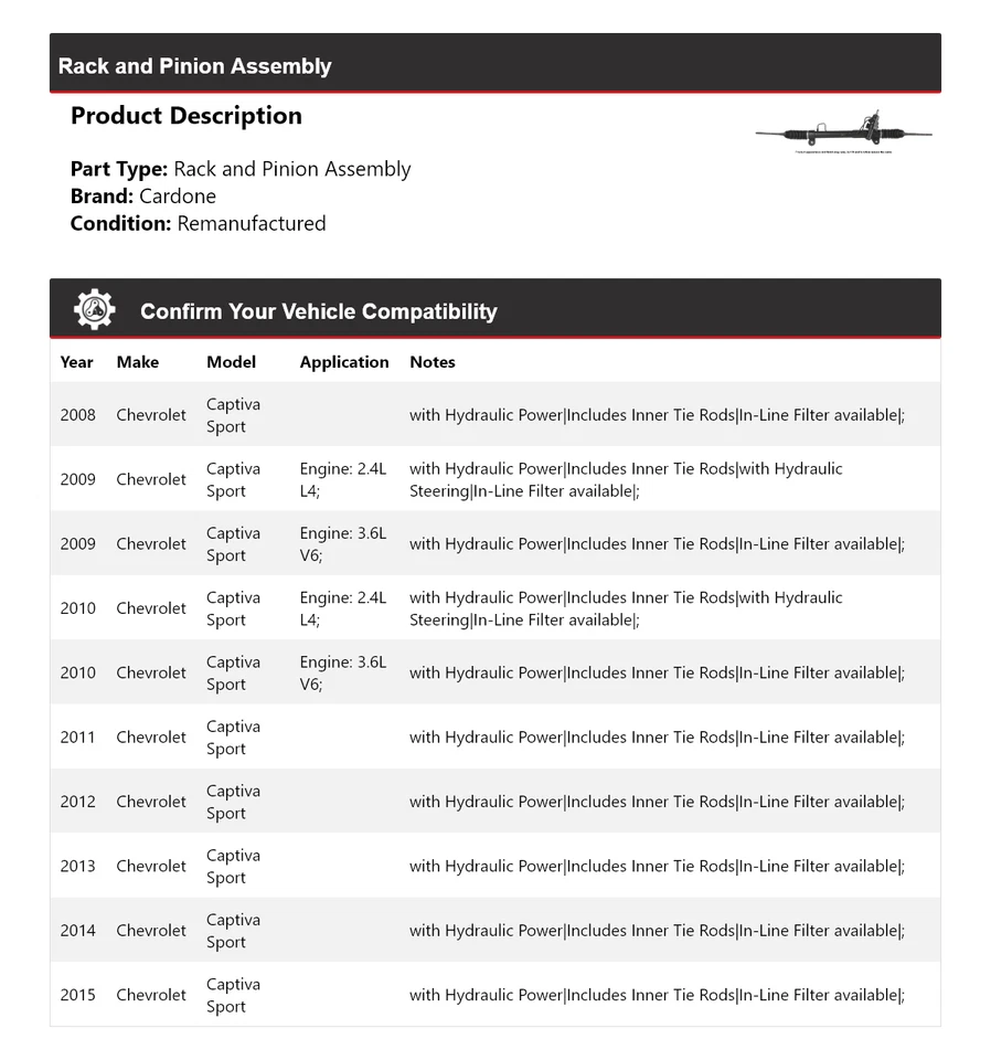 Conjunto de piñón y cremallera deportiva Cardone 2009 2010 para Chevrolet Captiva 2008-2015 Foto 2 de 4