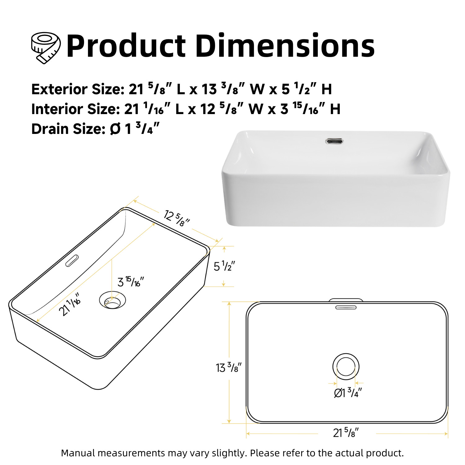 Los Flexi 22" x 13" White Porcelain Rectangular Vessel Sink with Rear Overflow