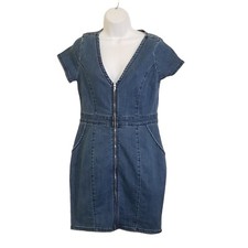 Guess Galilea Denim Mini Dress M Y2K Bodycon Front Zip Stretch Medium Wash Pocke