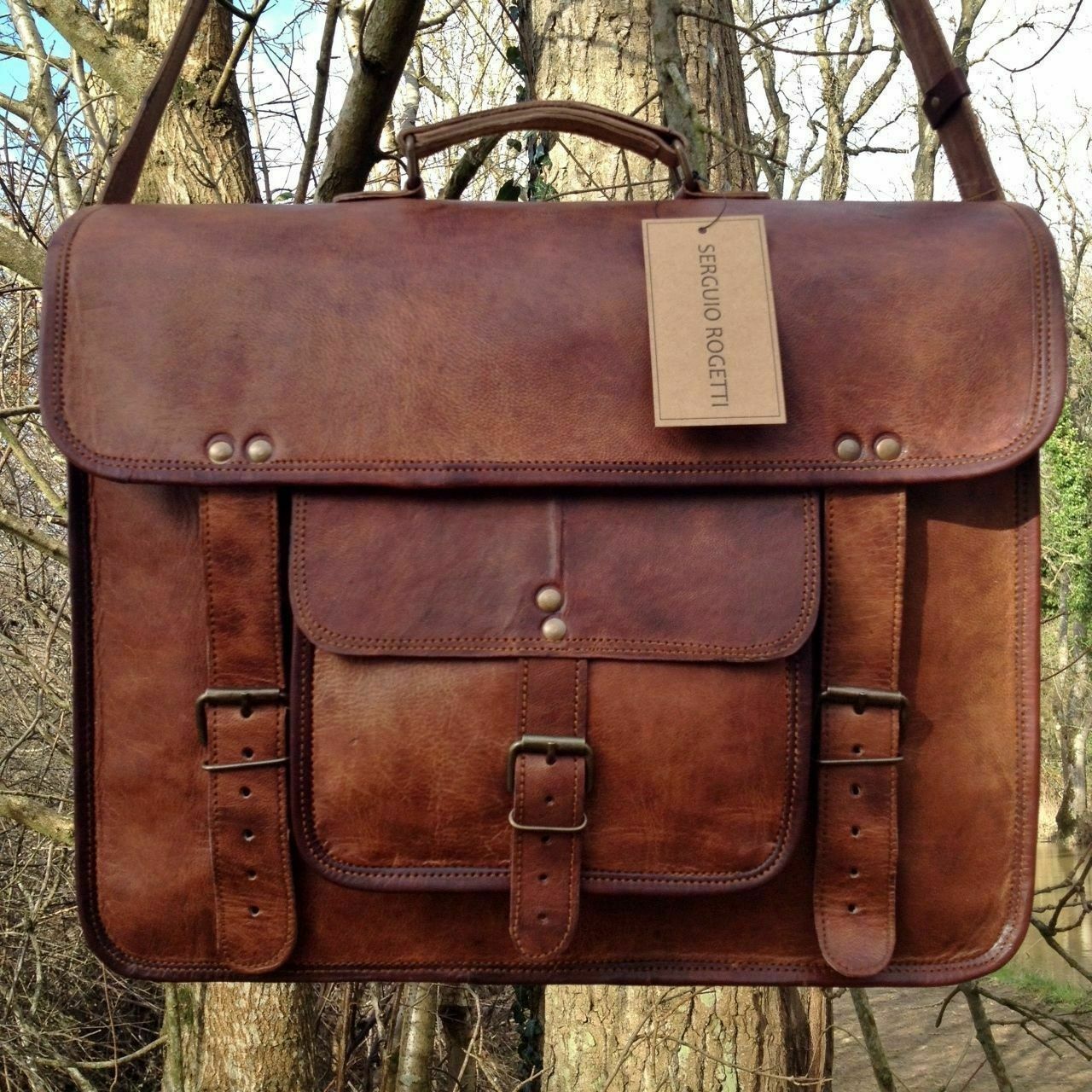 Vintage Genuine Leather Mens Messenger Bag Laptop Briefcase