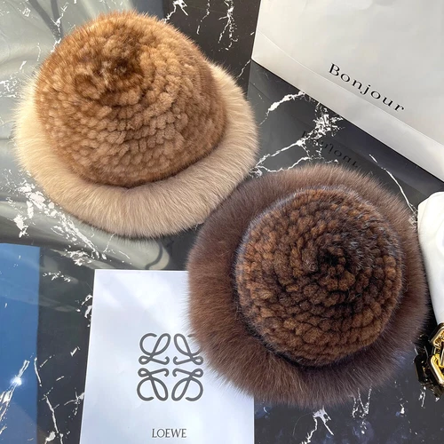 Cappello donna vera pelliccia di visone secchiello berretto caldo lavorato a maglia invernale con orlo pelliccia di volpe - Foto 10 di 31