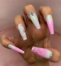 hand painted false nails coffin long Pink Ombré Diamanté Glitter