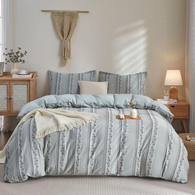 Floral Striped Duvet Cover Set Queen Size, 100% Washed Cotton Boho Farmhouse Sum