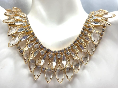 Vintage Juliana White Dangle Bezel Crystal Rhinestone Gold tone Necklace 15"