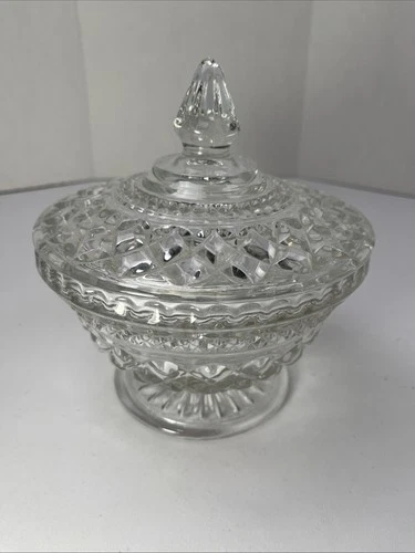 Candy Dish Wexford Anchor Hocking Cut Glass Diamond Pattern W/ Handled Lid