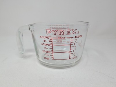 Vintage Glass PYREX 4 Cup 1 Qt 1 L. Large Wide Measuring Cup Red Print USA