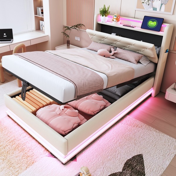 Kinderbett 90X200Cm Beige Linen Usb Led Hydraulik Stauraum Kopfteil-image