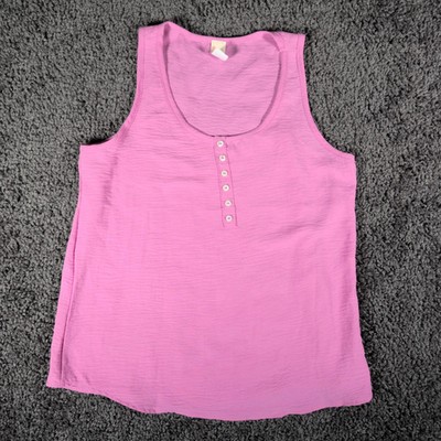 7th Ray Henley Tank Top Women's L Pink Crinkle Texture Button Front USA Boho EUC