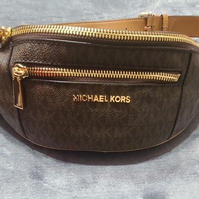 Michael Kors Brown Monogram Belt Bag /Fanny Pack Gold Zip Adjustable Strap 