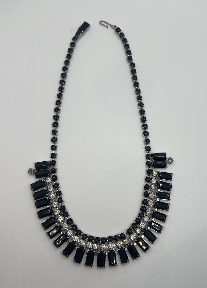 Vintage Silver Tone Clear And Black Baguette Rhinestone Bib Statement Necklace