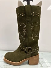 Dingo Women's Harlee Studs Leather/Suede Boot Olive Green SZ 7M,Preowned.
