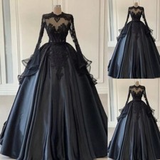 Black Gothic Wedding Dress Long Sleeve High Neck Satin Lace Applique BridalGown
