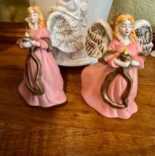 VINTAGE PAIR 2 BISQUE ANGELS CHRISTMAS TREE ORNAMENTS