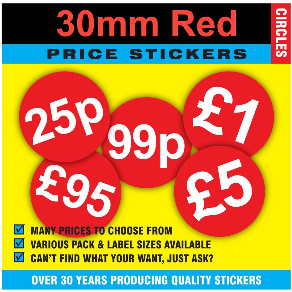 30mm Bright Red Price Stickers - Sticky Labels - Different Pack Sizes Available