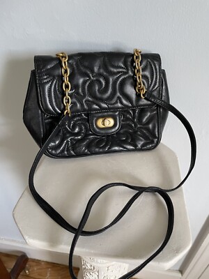 LJS Collection Vintage Black Leather Gold Chain Cross Body Shoulder Bag Purse