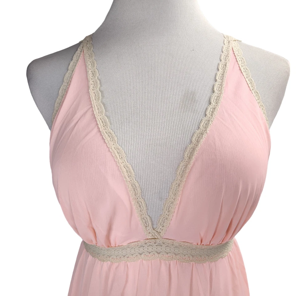 复古 Olga Secret Hug 睡袍 S 浅粉色尼龙露脖 9620 蕾丝装饰 — 第 2/4 张图片