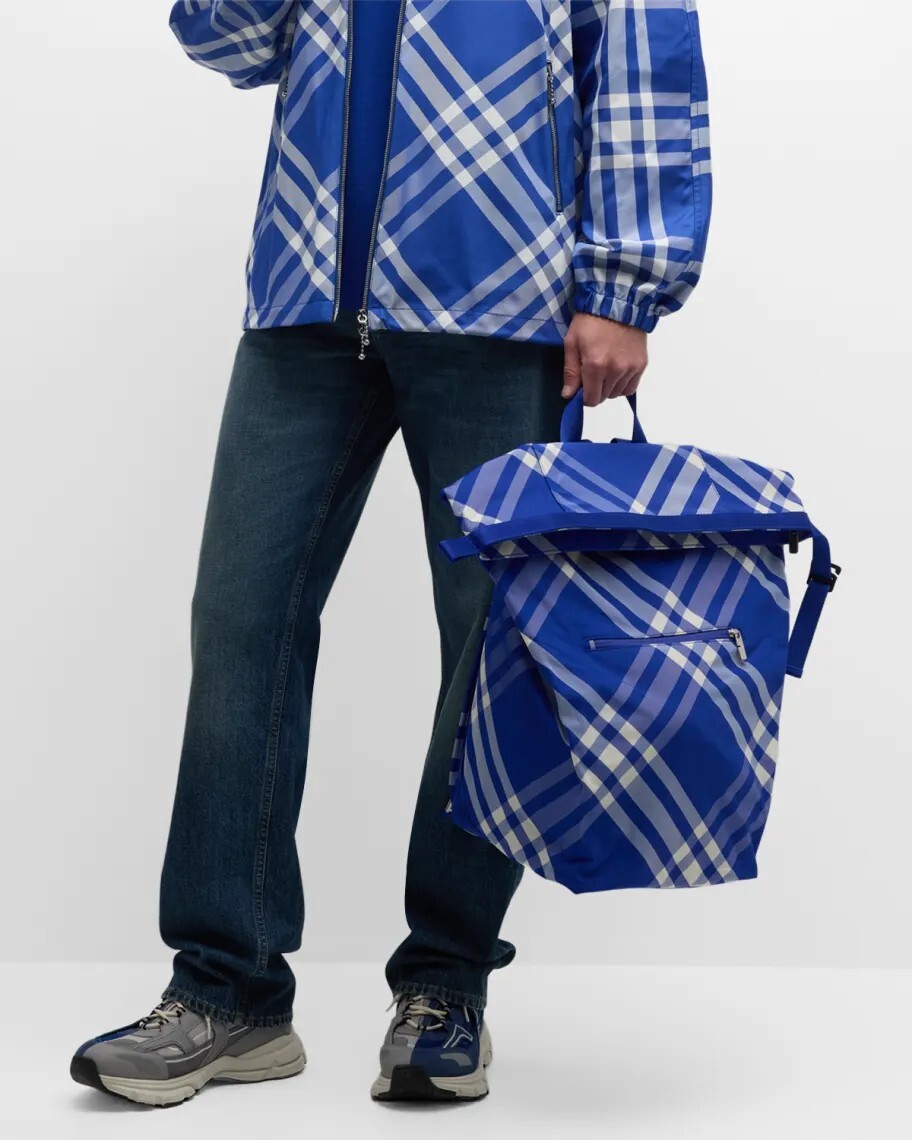 BURBERRY blue & white check roll-top nylon backpack