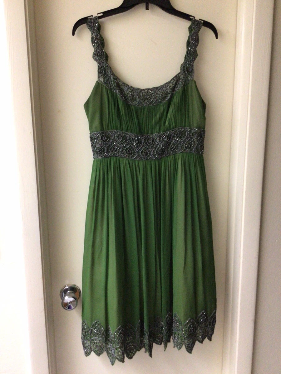 Vintage Adrianna Papell Evening Green Silk Beaded Sleeveless Dress Size 8