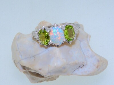 14K White Gold Plated Silver Oval Natural Peridot Opal Wedding