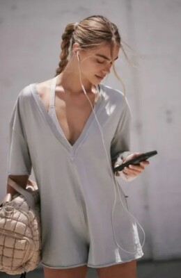 Free People Hot Shot Tee Romper One Piece in Beach Fog Size XL