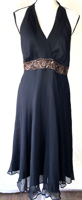 Signature by Robbie Bee Dress Womens 12 Silk Halter Cocktail Party Black beaded