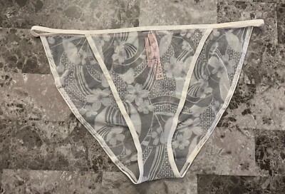 NWT VICTORIA'S SECRET XL GRAY WHITE FLORAL RETRO MESH RARE STRING BIKINI PANTIES