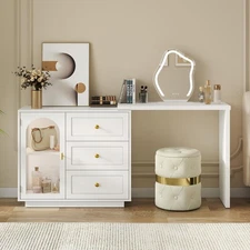 59” Makeup Vanity Desk, White Vanity Dresser Combo, Modern Corner Makeup Tabl...