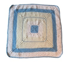 Handmade Vintage Crocheted Blue Square Small Baby Afghan Throw Crib Blanket