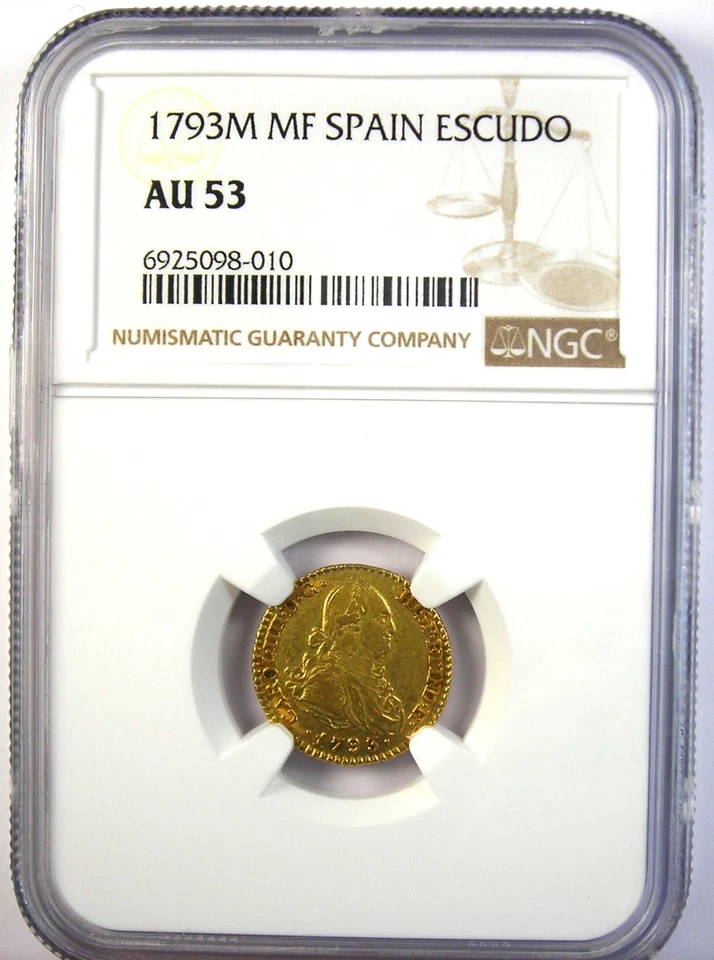 Moneda de Oro Escudo Carlos IV España 1793 1E - Certificada NGC AU53 - ¡Rara! Foto 2 de 4