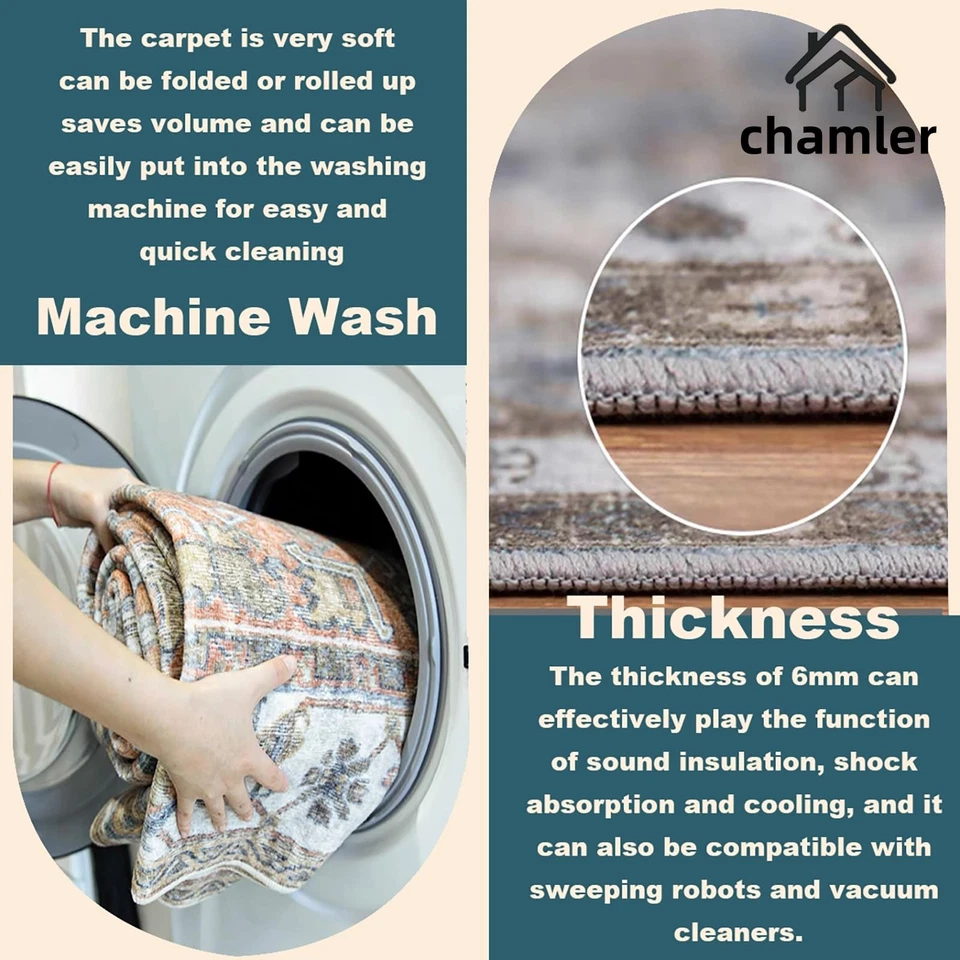 Tapete de área lavável 10'x14' medalhão boho chique design desgastado sem derramamento... - Imagem 4 de 4