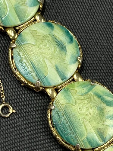 Vtg Egyptian Revival Gold Tone W/ Sphinx Themed Glass Panels Bracelet 7.25” - Picture 2 of 9