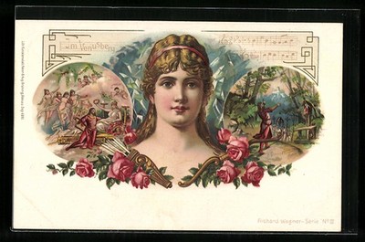 Artist postcard Franz Stassen: in Venusberg, lady and pictures of angels 