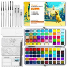 Paint Set, 100 Colors, Travel Water Colors kit with 9 Brushes, 3 Swatch Cards...