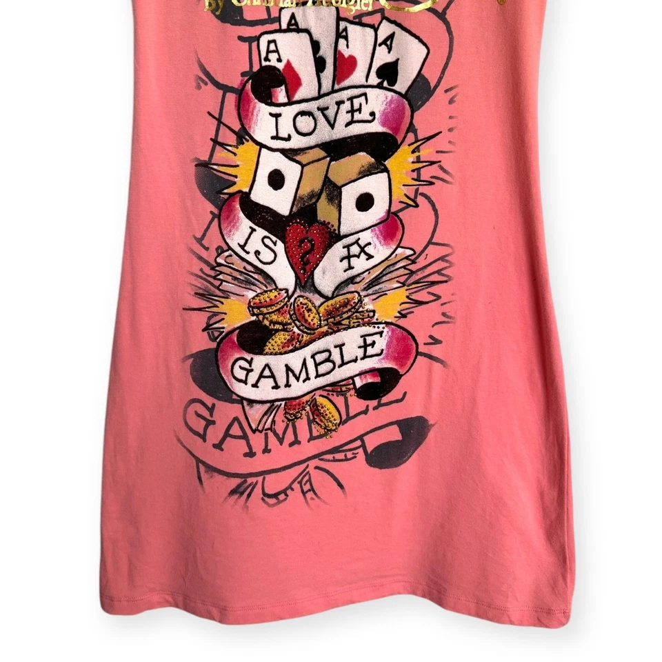 Camisa de noche Ed Hardy rosa melocotón manga corta cuello en V aerografiada Y2K para mujer S Foto 4 de 4