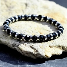Black Onyx & Stainless Steel 4mm Beaded Protection Healing Men's Bracelet Gift