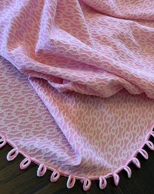 Vintage 70s Bubblegum Pink Oval Tablecloth Ric-Rac Hem 54 X 74 Polyester Texture