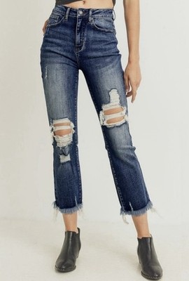 Risen Distressed High Rise Flare Straight Raw Hem Medium Wash RDP1096 Jeans 27 5