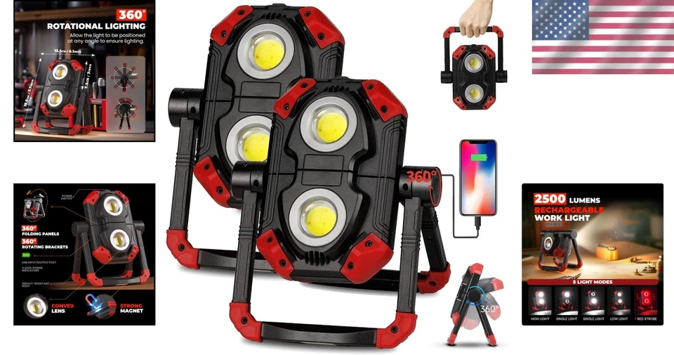 Garage and Camping LED Flood Light - 2 Pack, Rechargeable - Image 2 of 4